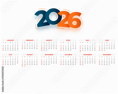 Full Year 2026 Calendar Design with Modern Typography Header