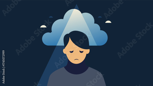 A persons face covered by a dark cloud representing depression with a ray of light breaking through the cloud and shining on their face. This depicts the potential for interactive. Vector illustration