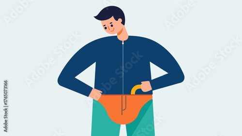 A man using a zipper pull adapter to effortlessly zip up his pants allowing him to dress without assistance despite his limited mobility.. Vector illustration