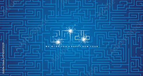 Obraz na plátne We wish you a Happy New Year 2026 light blue cyberspace high tech typography meander ornament and labyrinth with sparkle firework