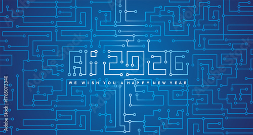 Ai Circuit Board 2026. Happy New Year 2026 eve. Technology GPU, Graphics Processing Unit. Futuristic hi-tech Circuit Number Digital Concept. GPU Ai Illustration on blue background
