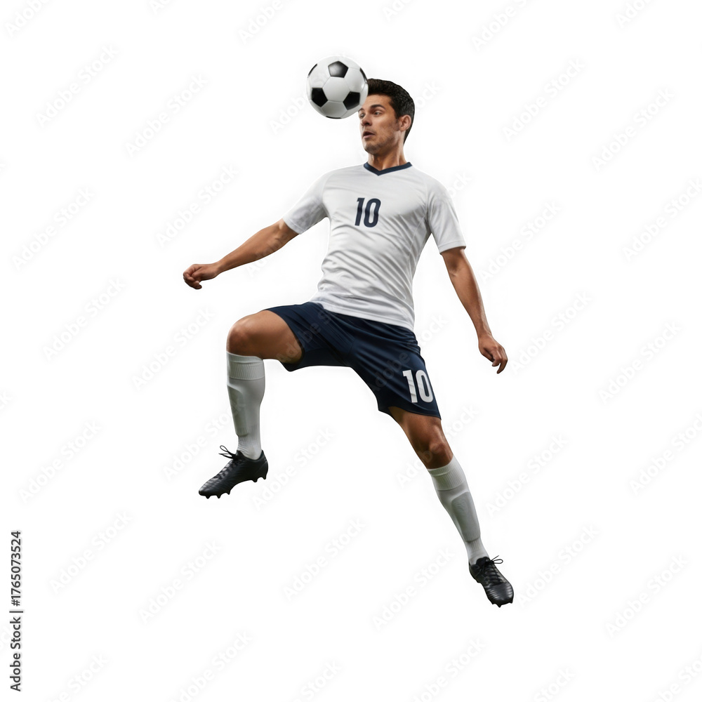 Naklejka premium Soccer player skillfully juggling ball with head athletic action shot isolated on dark transparent background
