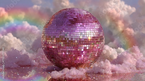 Sparkling pink disco ball rests on soft clouds with a colorful rainbow in the background, evoking a playful and festive ambiance for celebrations and events
