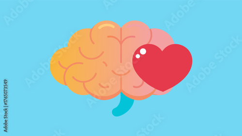 A depiction of a brain with a heart inside representing the connection between mental and emotional wellbeing for overall brain health.. Vector illustration