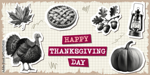 happy thanksgiving day collage concept set traditional holiday elements turkey pumpkin woven pie maple leaf oak leaves acorns old lantern halftone dotted cut-out object seasonal greeting cards design