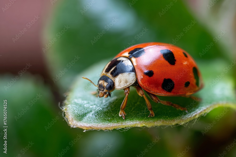 Fototapeta premium A vibrant ladybug with black spots is perched on a bright green leaf. Sunlight illuminates the scene, creating a lively atmosphere in a garden filled with foliage