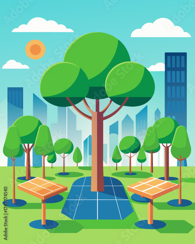 A plaza adorned with towering trees and stylish solar panels creating a unique and ecofriendly outdoor space.. Vector illustration