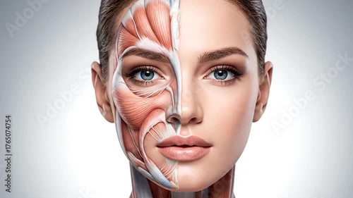 A split-face view revealing human anatomy, showcasing muscle structure beside a realistic skin rendering