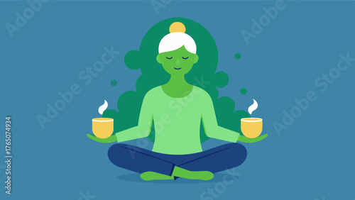 A person meditating while enjoying a cup of matcha green tea highlighting the stressreducing and brainenhancing benefits of this beverage.. Vector illustration
