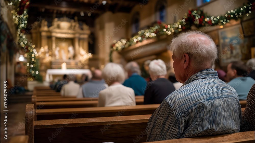 Fototapeta premium Church interior decorated with Christmas wreaths, lights, and nativity scenes while congregation sings, emotion of joy and spiritual unity visible, symbolizing holiday worship, festive religious