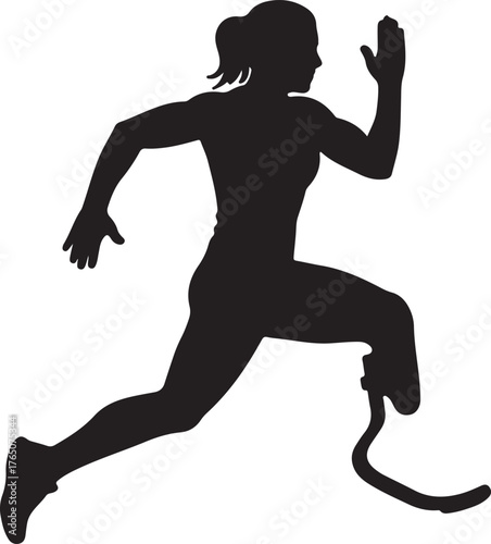 Silhouette of a determined female runner with a prosthetic leg sprinting forward with power and resilience on a white background