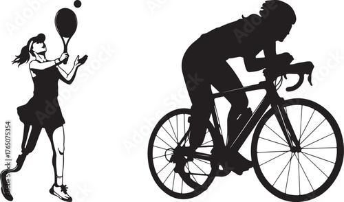 Silhouette illustration showcasing a tennis player with a prosthetic leg and a cyclist symbolizing sports and athletic achievement