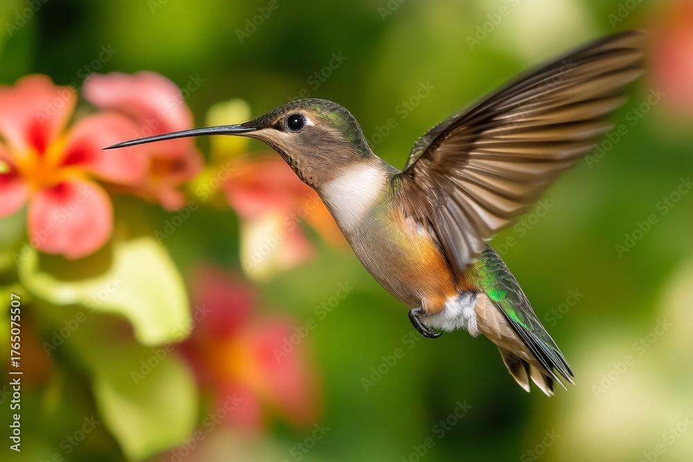Fototapeta premium A hummingbird hovers near colorful tropical flowers, displaying iridescent plumage. The birds wings are in motion, captured with sharp detail against a blurred background, highlighting its beauty