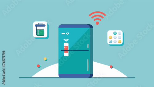 A smart refrigerator with sensors that track and remind a person to take their medication on time.. Vector illustration