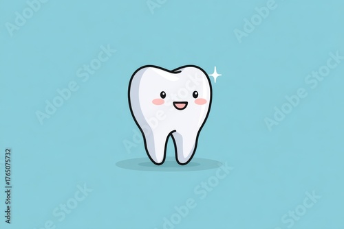 A cheerful cartoon tooth with a smiling face stands out against a light blue backdrop. This friendly character encourages kids to practice good dental hygiene and care