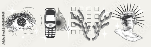 Universal Trendy Geometric Shapes Set With Vector Bitmap Dithering Texture.