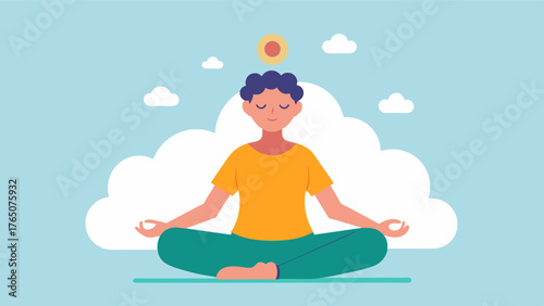 A person meditating and practicing mindfulness with a caption discussing how mindfulness can impact dietary choices and promote overall brain health and wellbeing.. Vector illustration