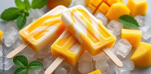 Delicious mango swirl popsicles on a bed of ice
