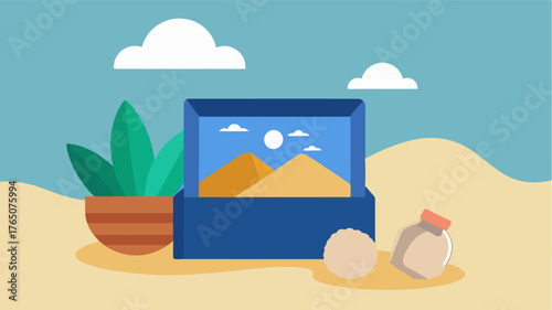 A simple memory box with a collection of seashells a small vial of sand and a photo of a beach. This box represents the calming and therapeutic effects of nature and how it can. Vector illustration