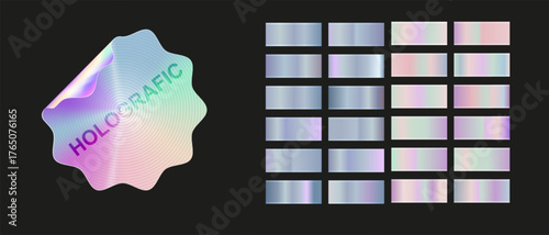 Holographic, silver foil texture background set. Gold hologram metallic gradient collection. Vector graphic iridescent