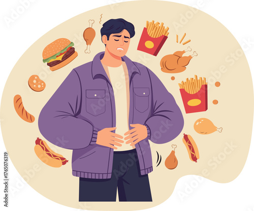 Vector illustration showing a man with stomach pain surrounded by junk food items, symbolizing indigestion, poor nutrition, obesity, and unhealthy eating for healthcare, diet, and wellness infographic