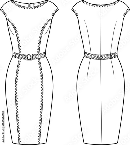 Fitted dress sketch, technical flat, front view, back view, zigzag topstitching, boat neckline, cap sleeves, belted waist, vector illustration