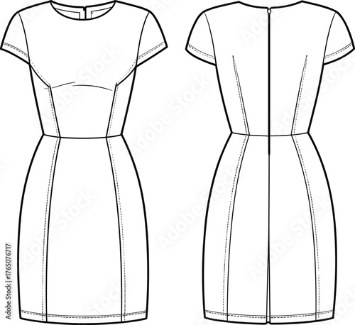 Fitted dress technical sketch, short sleeve fashion flat, princess seam garment design, round neck vector, back zipper, front darts