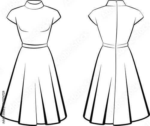Flared dress sketch, technical flat, front view, back view, high neckline, short sleeves, midi length, garment construction, vector illustration