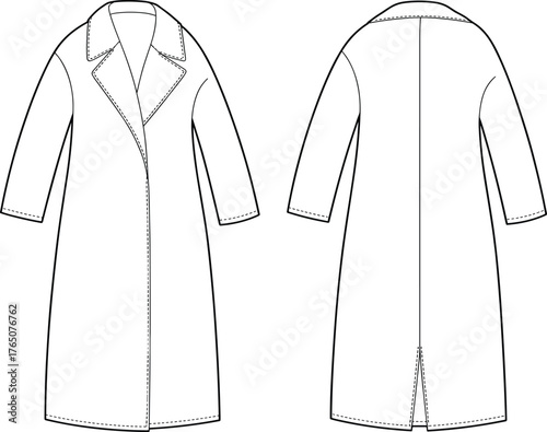 Long coat technical sketch, front and back view, fashion flat, notched lapel, open front, center seam, vented back design