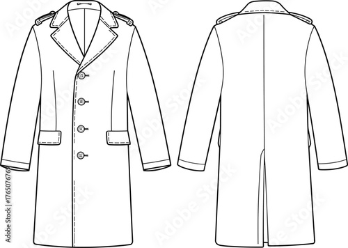 Long overcoat technical sketch, front and back view, fashion flat, notched lapel, double-breasted buttons, epaulets, flap pockets, vented back