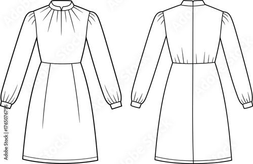 Long sleeve dress technical sketch, front and back view, fashion flat, gathered shoulder, stand collar, defined waist, center seam
