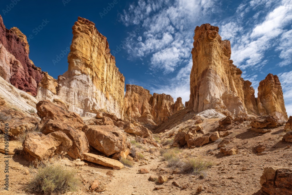 Fototapeta premium Vivid rock formations rise sharply from a sandy desert floor. The scene captures the interplay of colors and textures as clouds move across the bright blue sky, creating a tranquil atmosphere