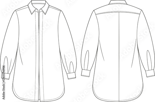 Long sleeve shirt technical sketch, front and back view, fashion flat, pointed collar, pleated cuffs, button placket, center seam