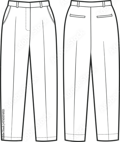 Men’s tailored trousers illustration, front and back view, technical fashion sketch, belt loops, welt pockets, fly front, vector art