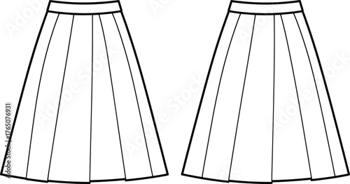 Pleated skirt fashion illustration, vector drawing, front view, A-line silhouette, garment design, sewing pattern, apparel template, technical sketch