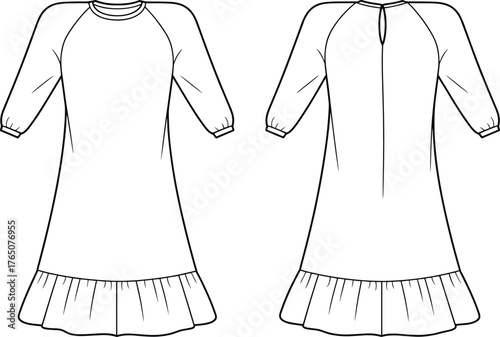 Raglan sleeve dress technical sketch, front and back view, fashion flat, gathered cuff, ruffle hem, keyhole back closure