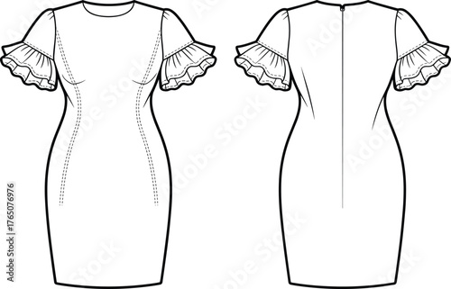 Ruffle sleeve dress sketch, technical flat, front view, back view, scalloped edge, princess seams, fitted silhouette, garment construction, vector illustration