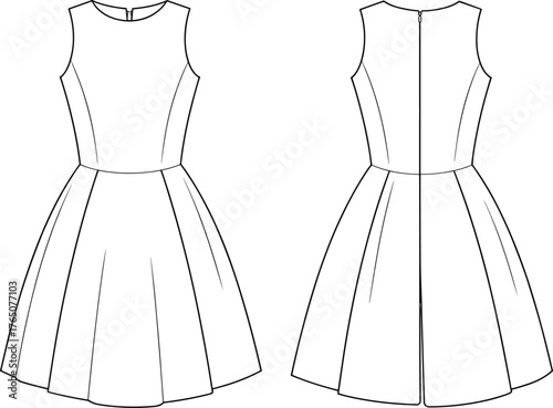 Sleeveless dress technical sketch, front and back view, fashion flat, round neckline, pleated skirt, fitted bodice, zipper back closure