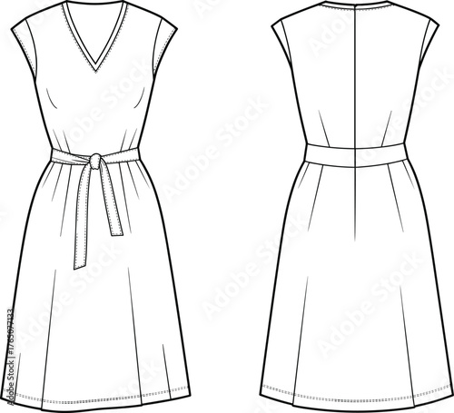 Sleeveless dress technical sketch, front and back view, fashion flat, V-neckline, cap sleeves, tied sash belt, pleated skirt, center seam