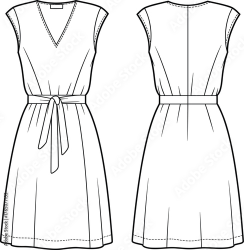 Sleeveless dress technical sketch, front and back view, fashion flat, V-neckline, gathered waist, tied belt, center seam, knee-length