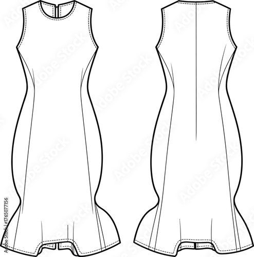 Sleeveless mermaid dress technical sketch, front and back view, fashion flat, princess seams, asymmetrical hem, fitted bodice, center seam