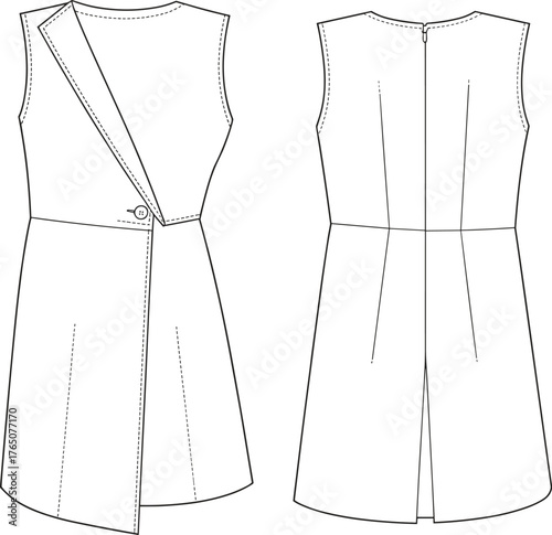Sleeveless wrap dress technical sketch, front and back view, fashion flat, asymmetrical panel, single button, pleated skirt, vented back
