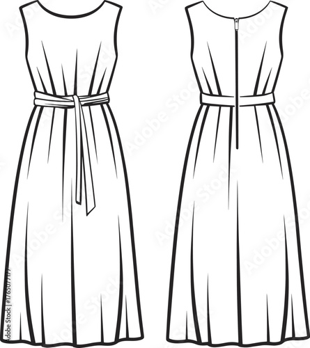 Sleeveless pleated dress illustration, front and back view, technical fashion sketch, midi length, round neckline, belt, zipper, vector art