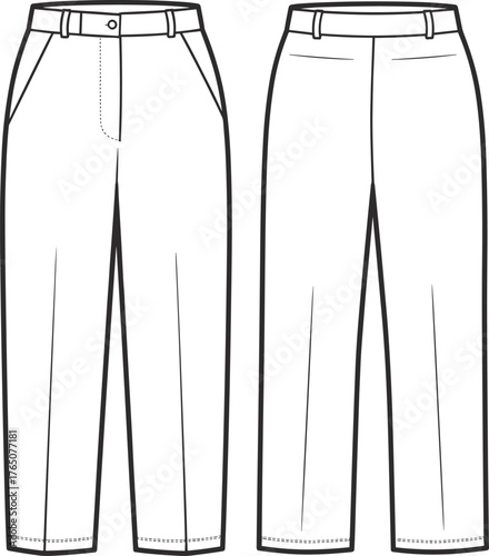 Straight-leg trousers illustration, front and back view, technical fashion sketch, belt loops, pleats, zipper fly, darts, vector art