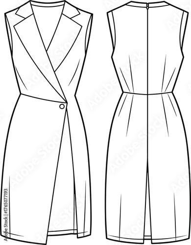 Sleeveless wrap dress technical sketch, front and back view, fashion flat, notched lapel, princess seams, single button, vented back