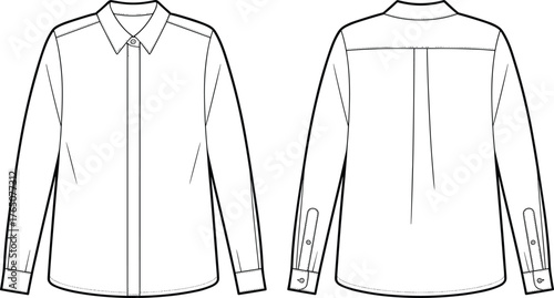 Technical shirt flat sketch, front and back view, button-up design, pointed collar, back yoke, center pleat, vector illustration