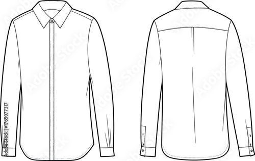 Technical shirt flat sketch, front and back view, long sleeve, button-up design, pointed collar, curved hem, vector illustration