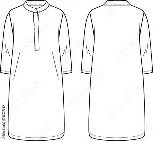 Technical tunic dress sketch, front and back view, round neck, stand collar, three-quarter sleeve, curved hem, vector illustration