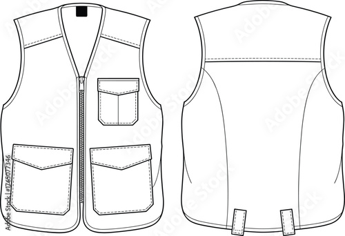Utility vest illustration, front and back view, technical fashion sketch, zipper closure, flap pockets, adjustable tabs, vector garment art