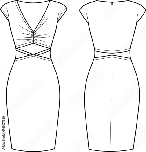 V-neck dress sketch, technical flat, front view, back view, crisscross waistband, gathered bust, zipper closure, garment construction, vector illustration